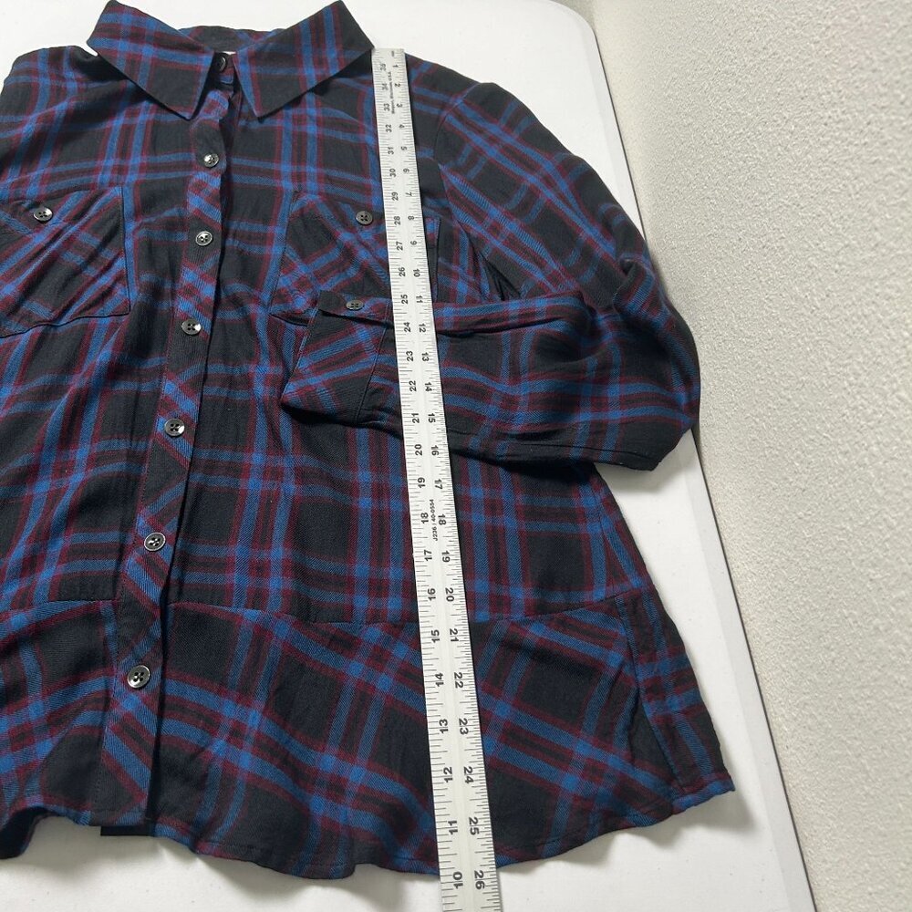 Cabi 3431 Button Up Peplum Top Womens Size L Blue Black Moody Plaid Long Sleeve - Picture 12 of 13